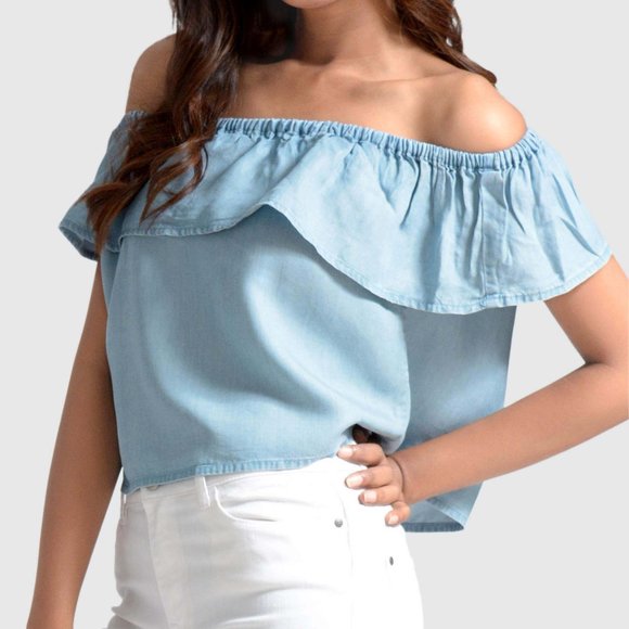 OLGYN Light Blue Denim Top off Shoulder Ruffles - Picture 3 of 5